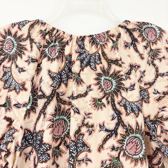 A.L.C. Elly Tie-Front Printed Top Size 2 Cotton Short Puff Sleeve Tassels Boho - Picture 7 of 11